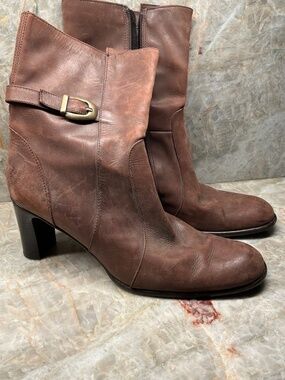 Zita Maria Brown Leather High Ankle Boots EU 42 US 11 Buckle Block Heel Zip